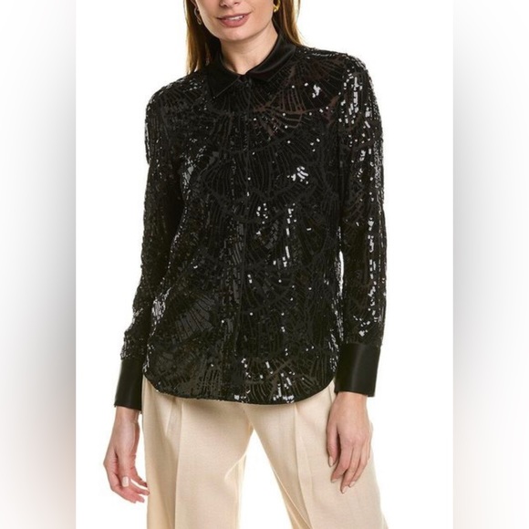 Lafayette 148 Scottie black blouse in terra sequin pattern - Picture 8 of 11